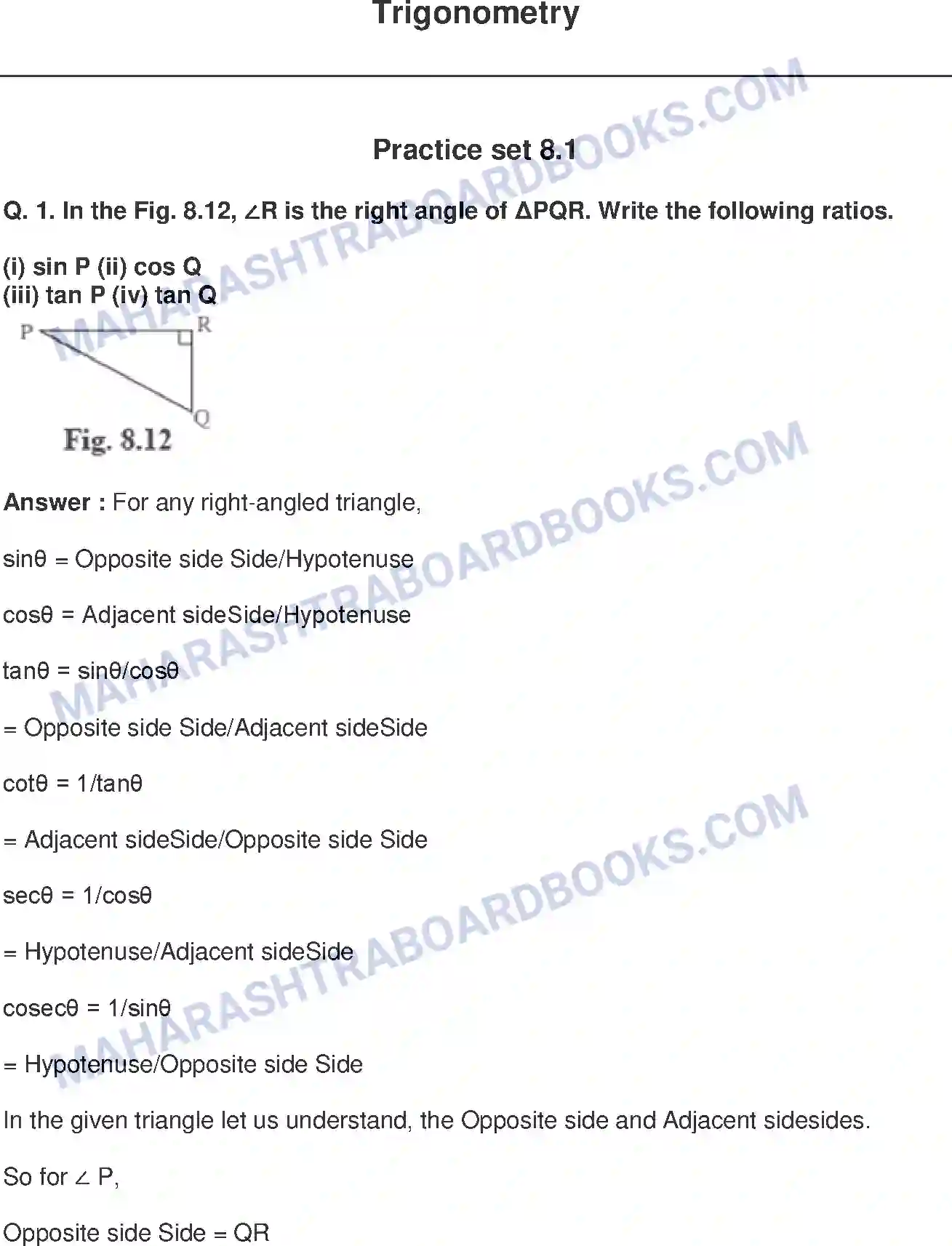 Maharashtra Board Solution class-9 Mathematics+Part-II+-+English+Medium Trigonometry Image 1