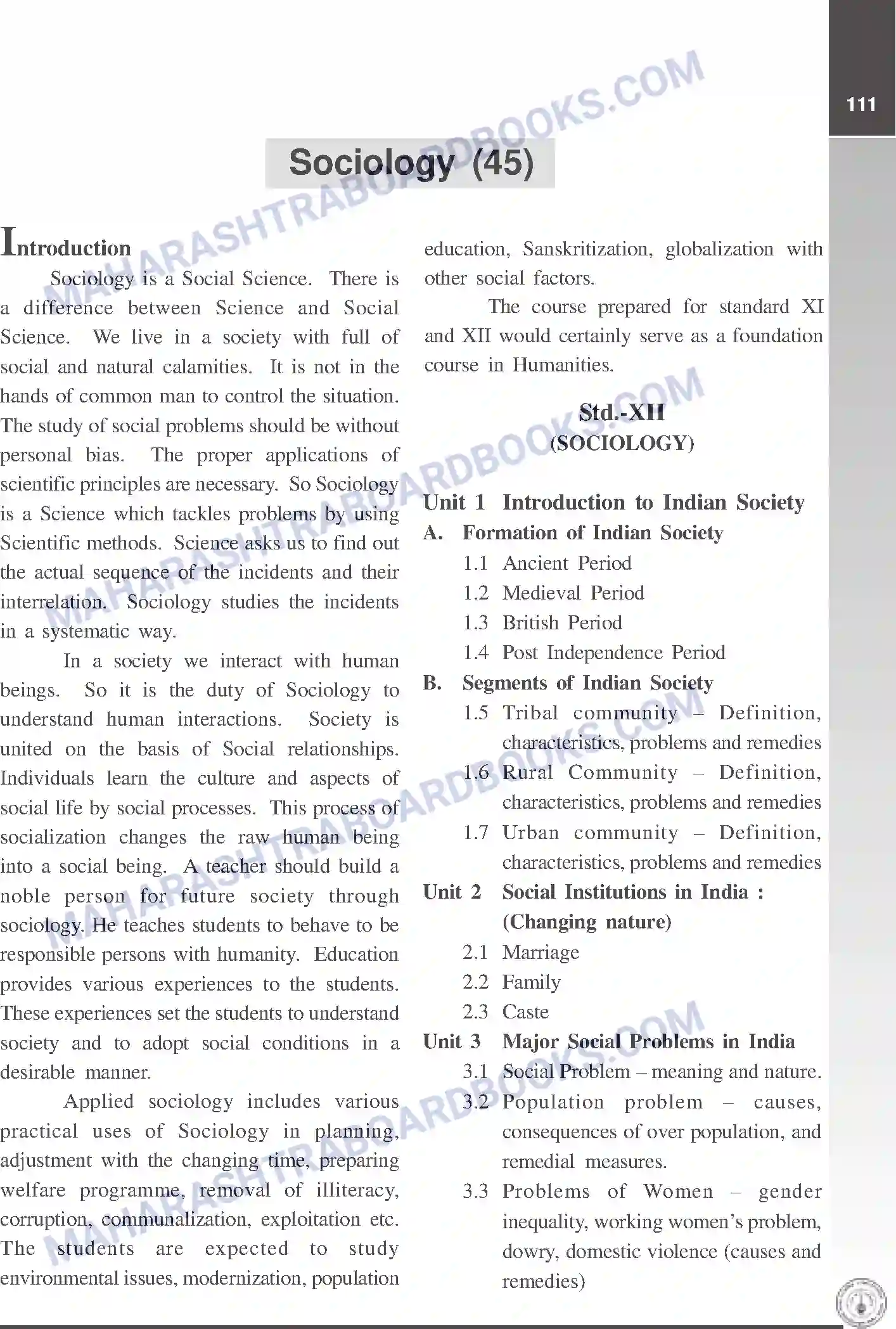 Maharashtra Board Syllabus class-12 Sociology Image 1